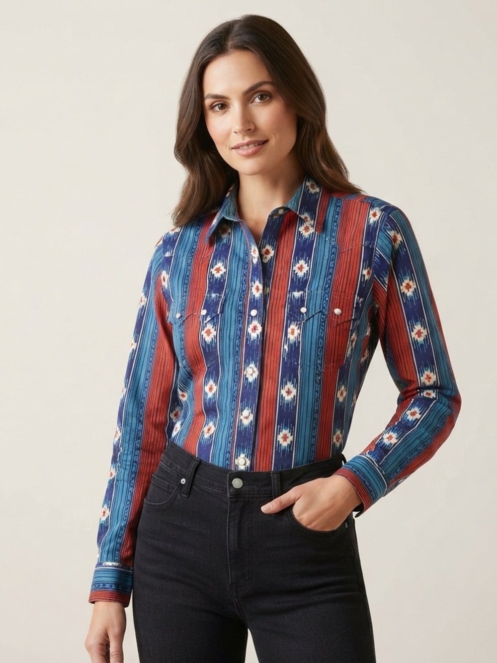 Wrangler Retro Small Aztec Pearl Snap Western Shirt Cowgirl Southwestern Cotton
